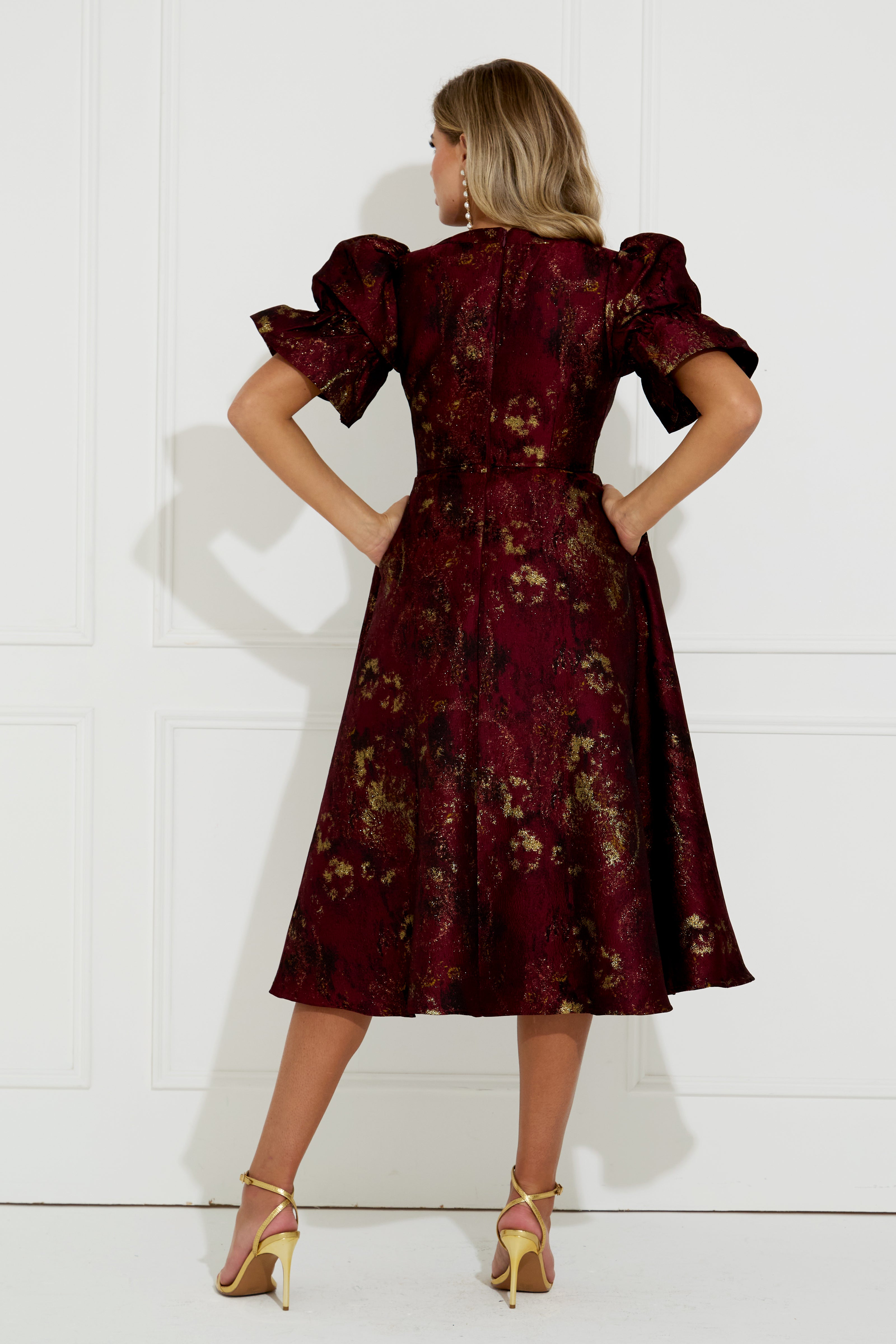 CALLIE METALLIC FULL SKIRT MIDI DRESS - OXBLOOD