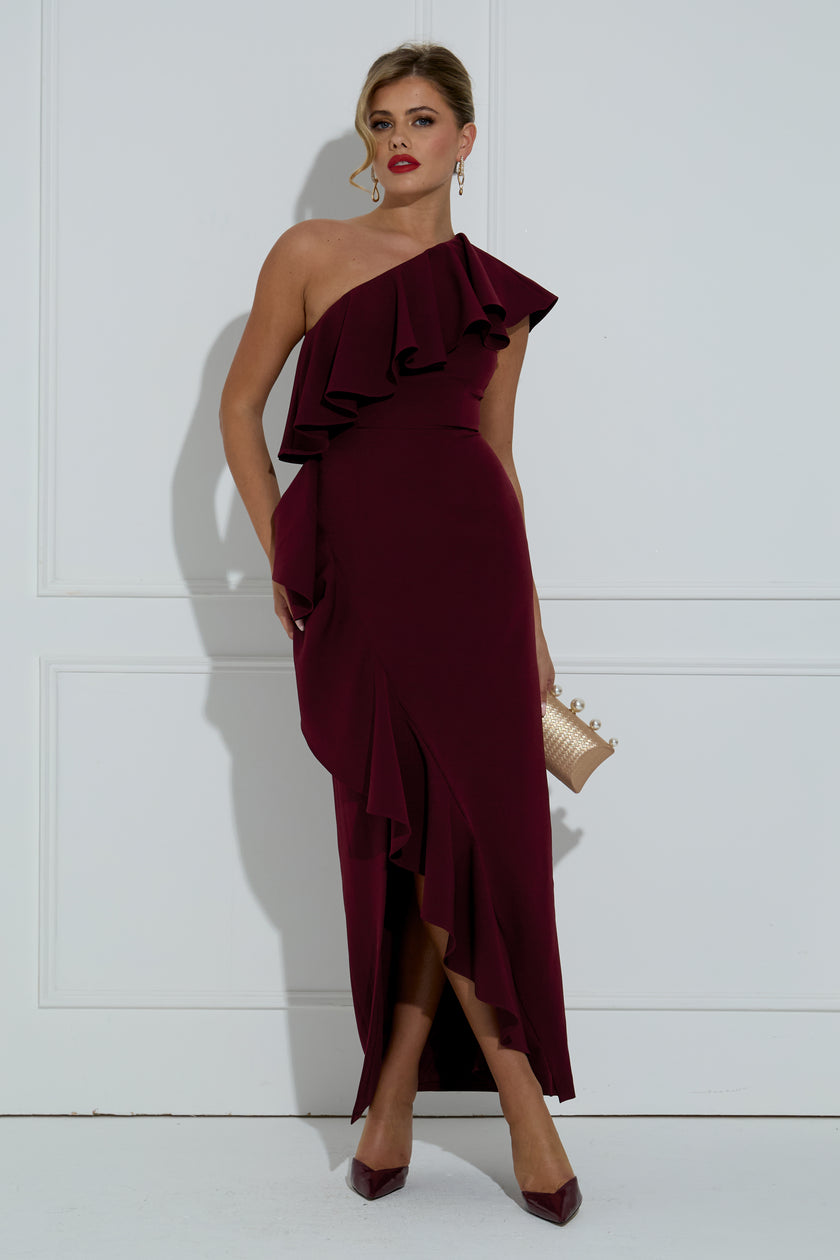 BEAU FRILL 1 SHOULDER DRESS - OXBLOOD