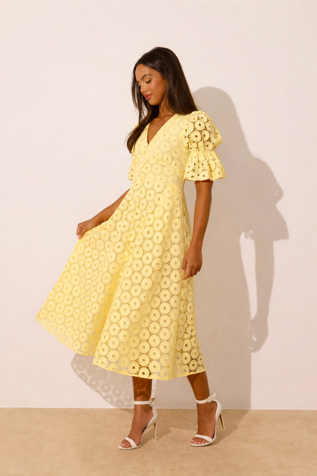 CALLIE LACE PUFF SLEEVE MIDI DRESS WTH BOW BACK - LEMON YELLOW