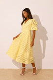 CALLIE LACE PUFF SLEEVE MIDI DRESS WTH BOW BACK - LEMON YELLOW
