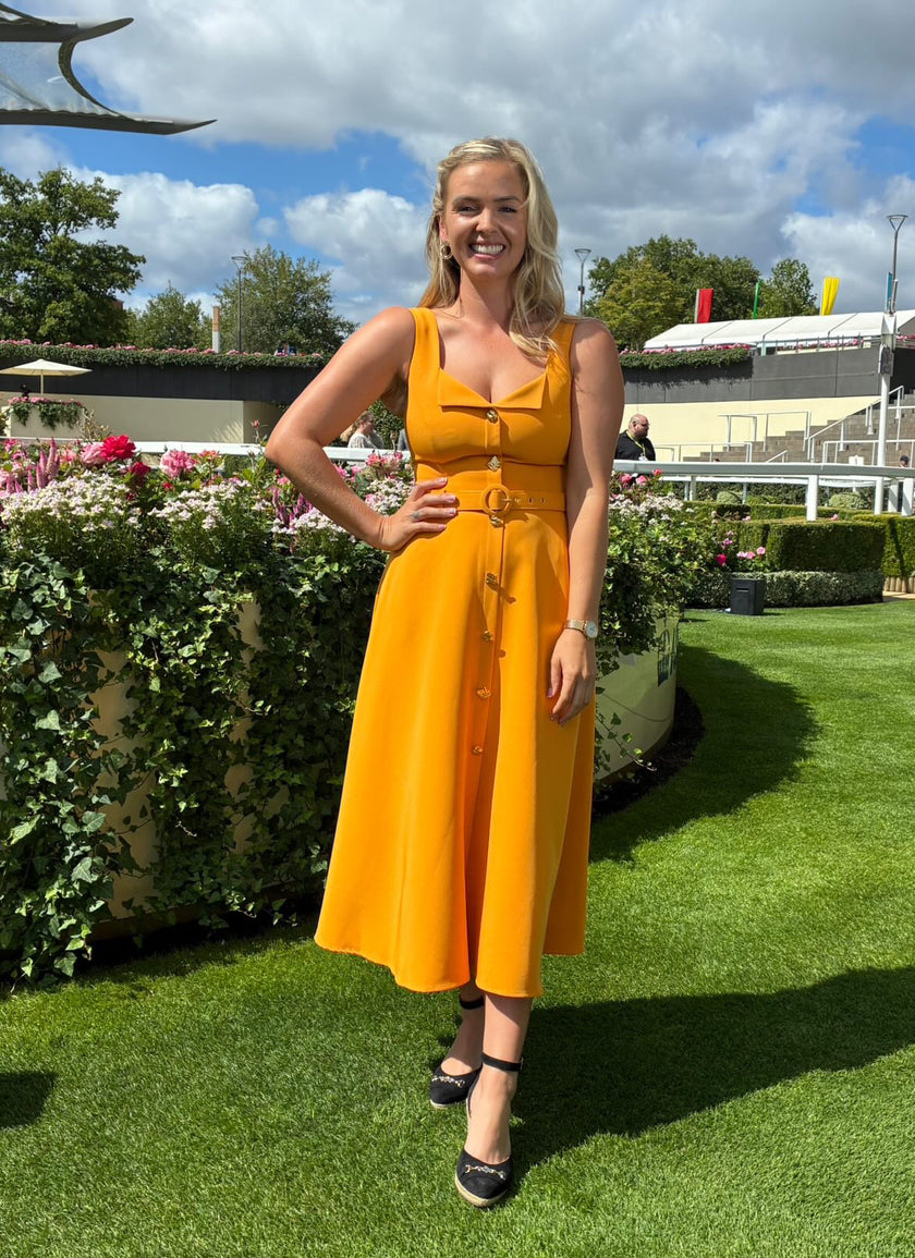 SAFFIRA BELTED FULL SKIRT MIDI DRESS - SUNSHINE ORANGE