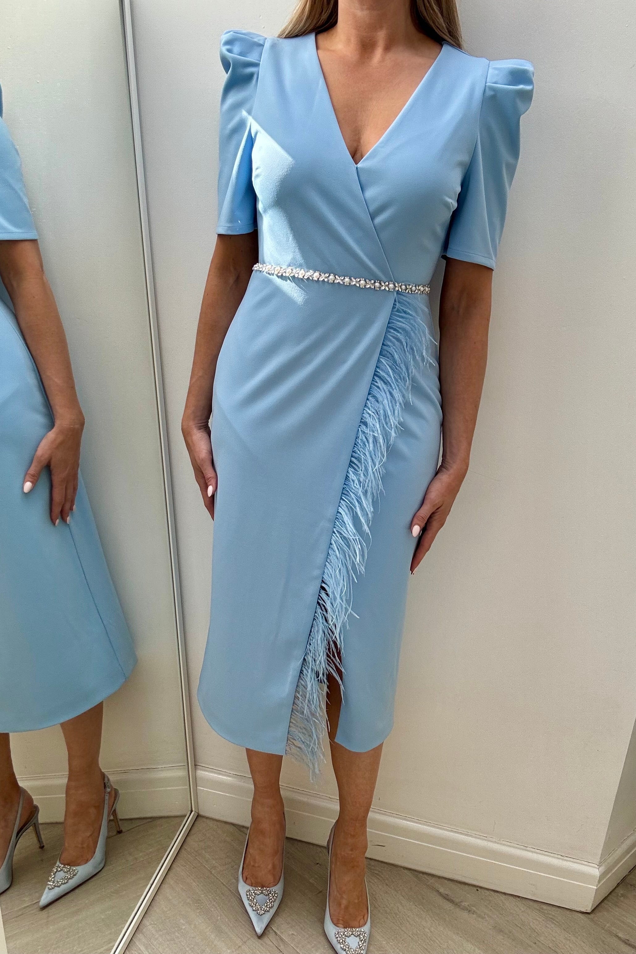 VIVIENNE PUFF SLEEVE FEATHER DRESS - PALE BLUE