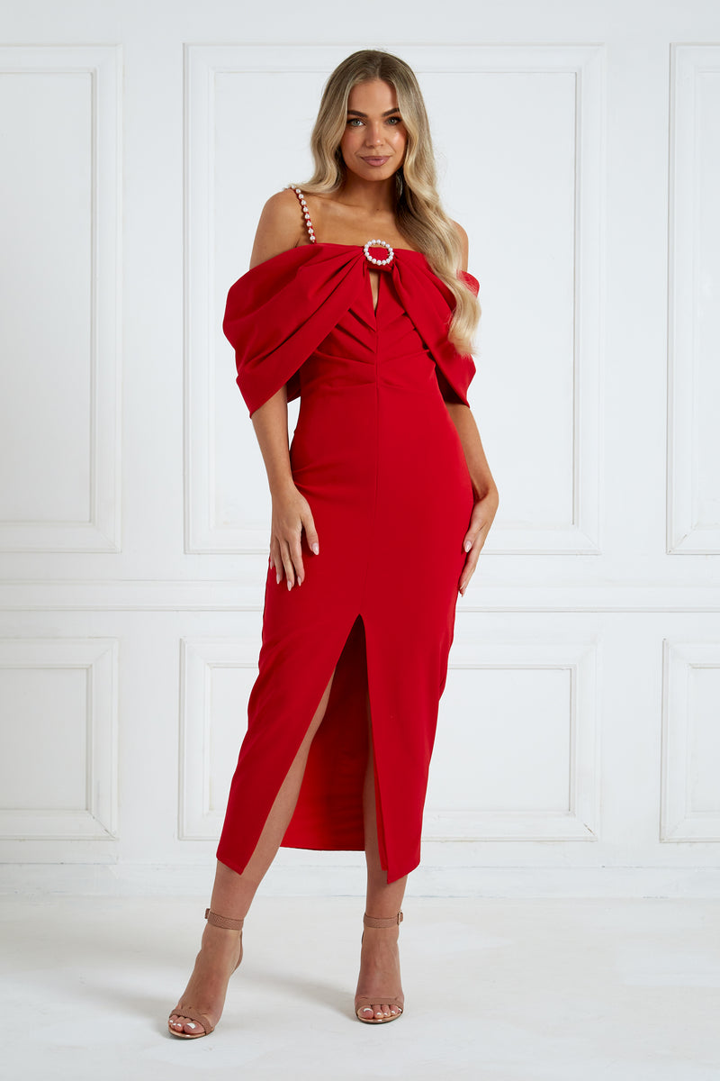 MARILYN PEARL BOW DRESS - RED