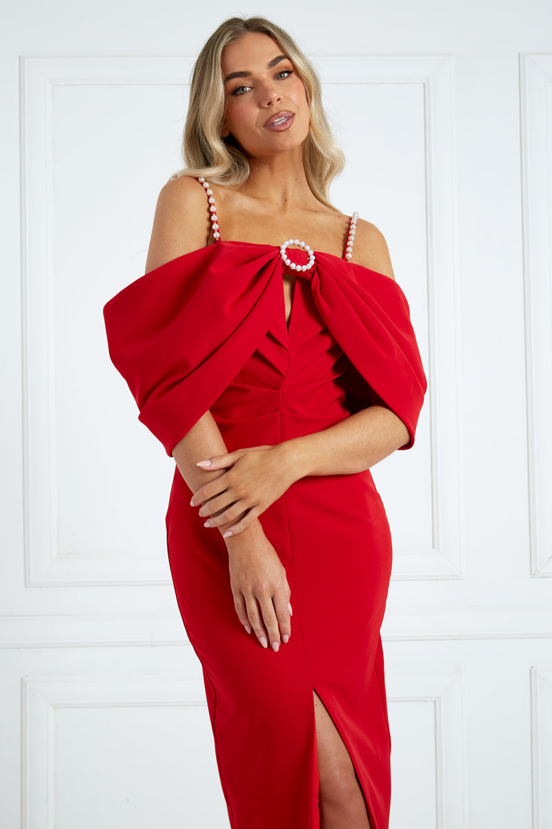 MARILYN PEARL BOW DRESS - RED