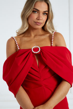 MARILYN PEARL BOW DRESS - RED