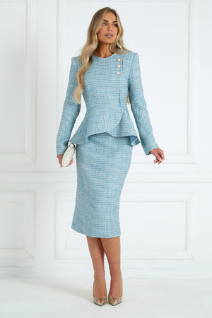 ELIZABETH TWEED PEPLUM SKIRT SUIT - PALE BLUE