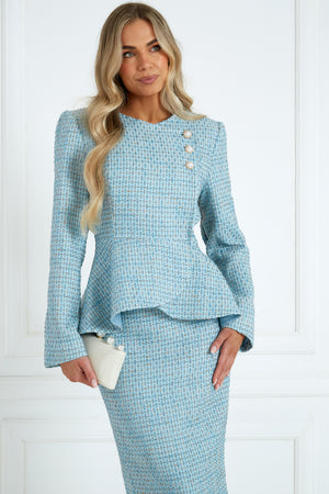 ELIZABETH TWEED PEPLUM SKIRT SUIT - PALE BLUE