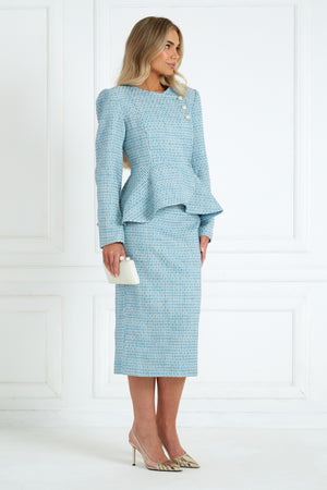ELIZABETH TWEED PEPLUM SKIRT SUIT - PALE BLUE