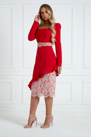 LORETTA ASYMMETRIC LACE FRILL DRESS - RED PINK