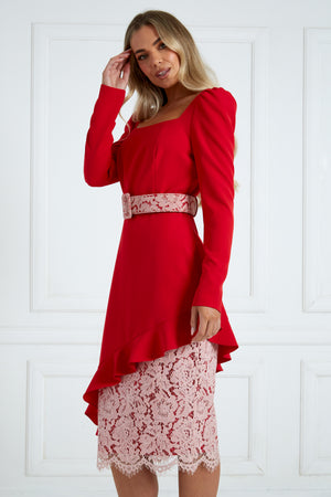 LORETTA ASYMMETRIC LACE FRILL DRESS - RED PINK