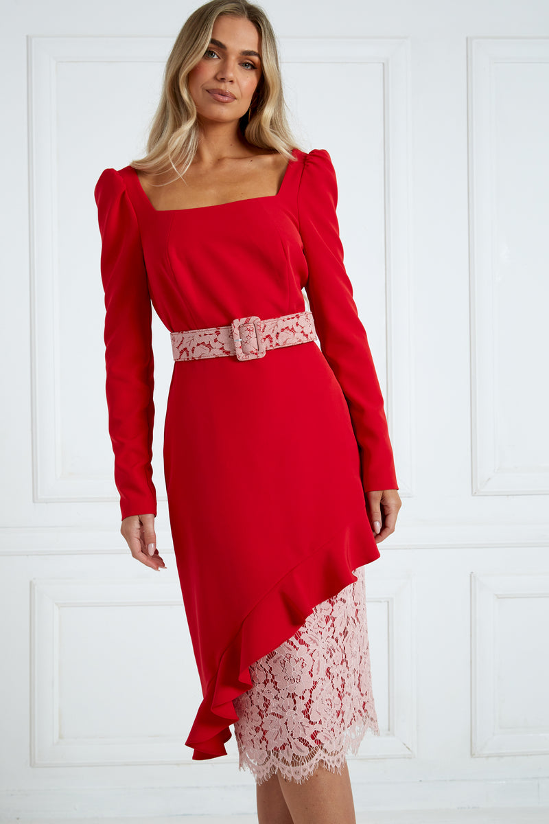 LORETTA ASYMMETRIC LACE FRILL DRESS - RED PINK
