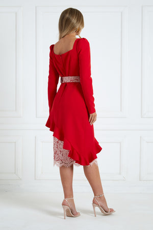 LORETTA ASYMMETRIC LACE FRILL DRESS - RED PINK