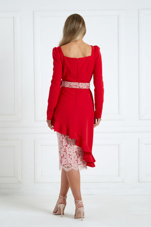 LORETTA ASYMMETRIC LACE FRILL DRESS - RED PINK