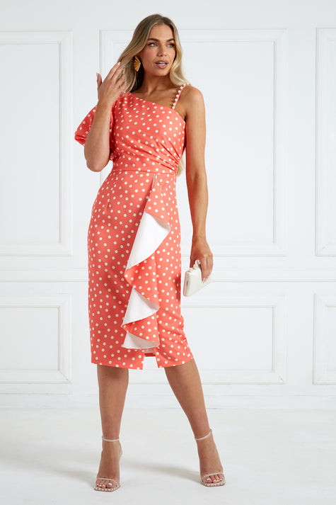 EVITA 1 SLEEVE POLKA DOT FRILL DRESS - CORAL