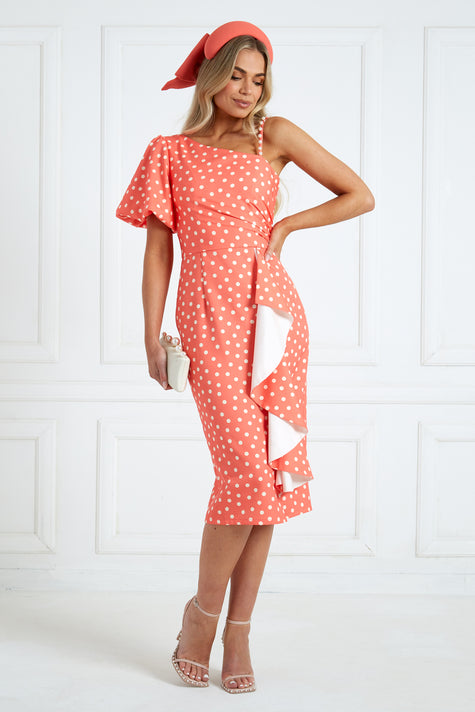 EVITA 1 SLEEVE POLKA DOT FRILL DRESS - CORAL