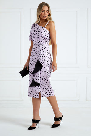 EVITA 1 SLEEVE POLKA DOT FRILL DRESS - LILAC