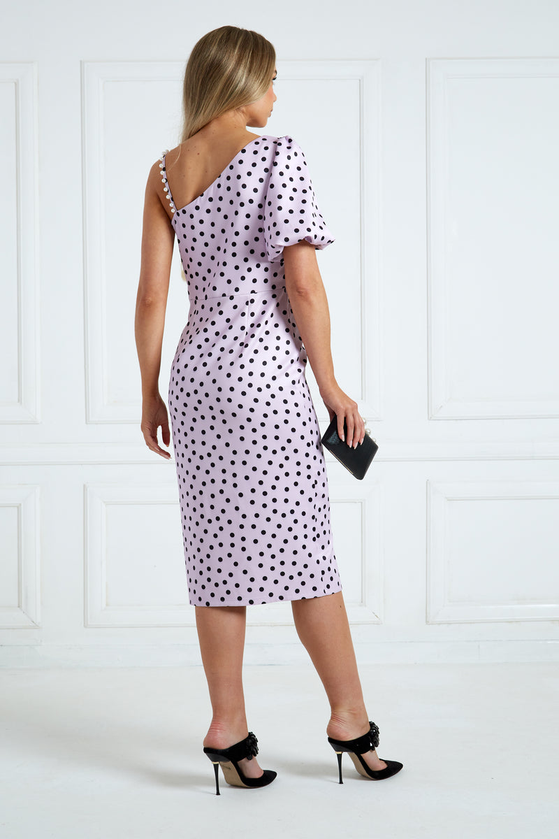 EVITA 1 SLEEVE POLKA DOT FRILL DRESS - LILAC