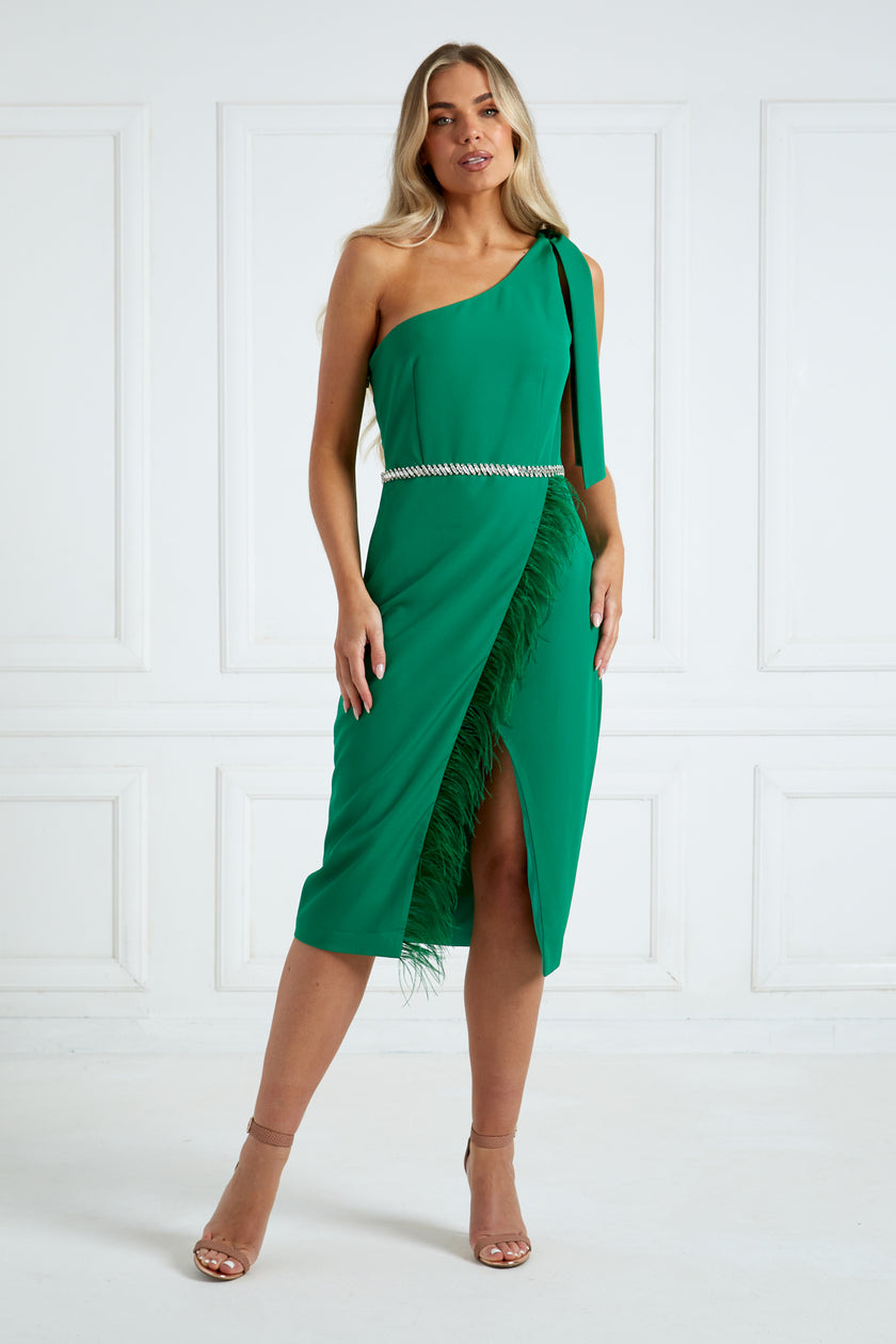 NOVALIE 1 SHOULDER FEATHER DRESS - EMERALD GREEN