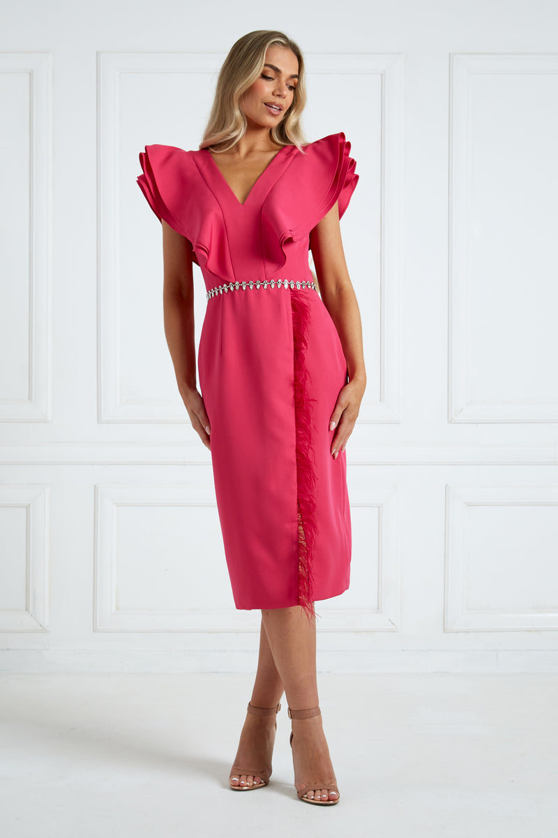 GENEVIEVE FRILL SLEEVE FEATHER DRESS - HOT PINK