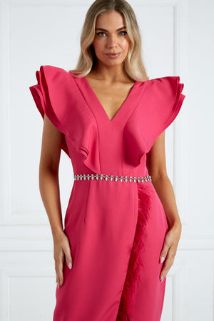 GENEVIEVE FRILL SLEEVE FEATHER DRESS - HOT PINK