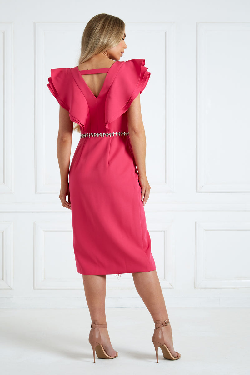 GENEVIEVE FRILL SLEEVE FEATHER DRESS - HOT PINK