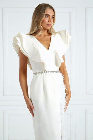GENEVIEVE FRILL SLEEVE FEATHER DRESS - IVORY