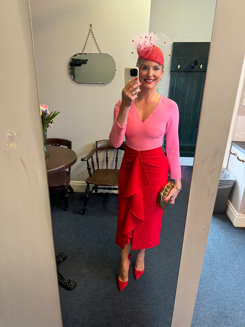 CARMEN COLOURBLOCK FRILL MIDI DRESS - RED PINK
