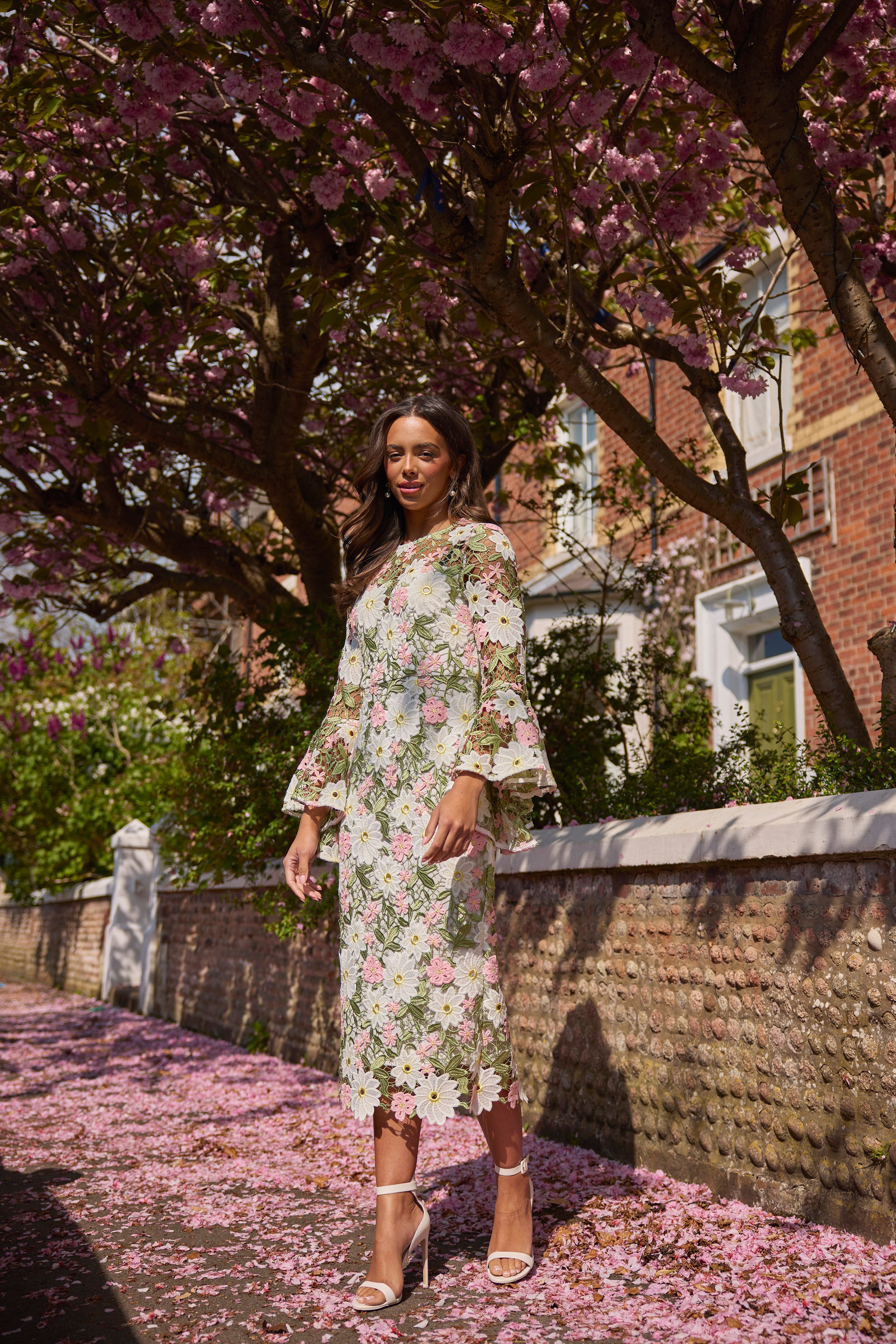 ROSALINE LACE FLUTED SLEEVE MIDI DRESS - PINK