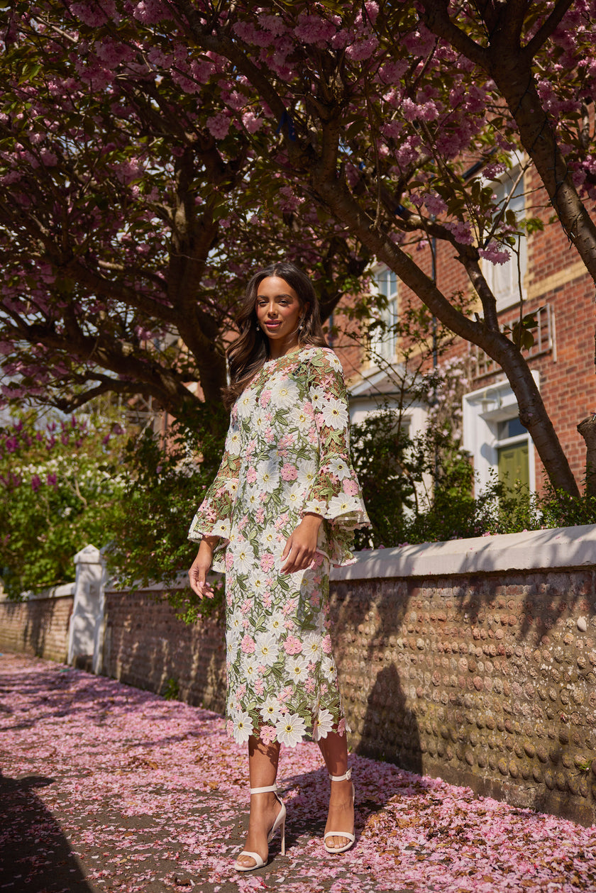 ROSALINE LACE FLUTED SLEEVE MIDI DRESS - PINK