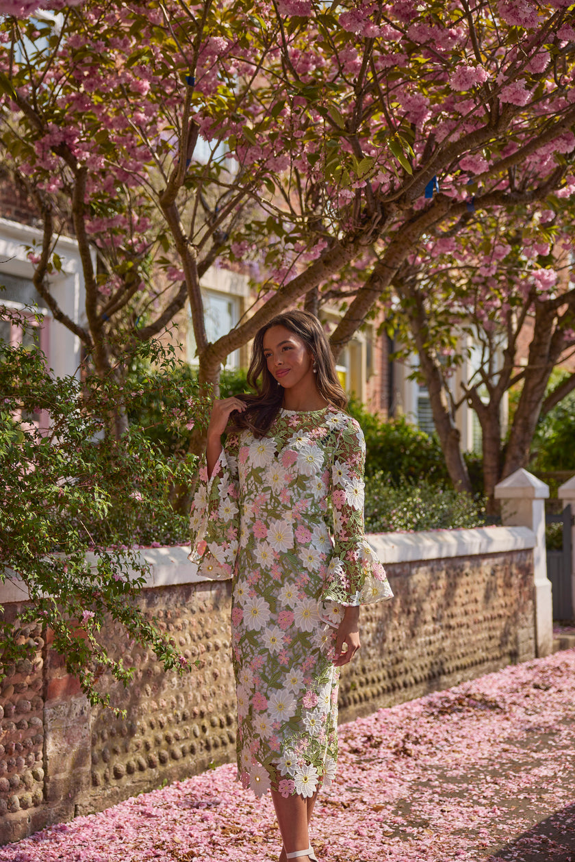 ROSALINE LACE FLUTED SLEEVE MIDI DRESS - PINK