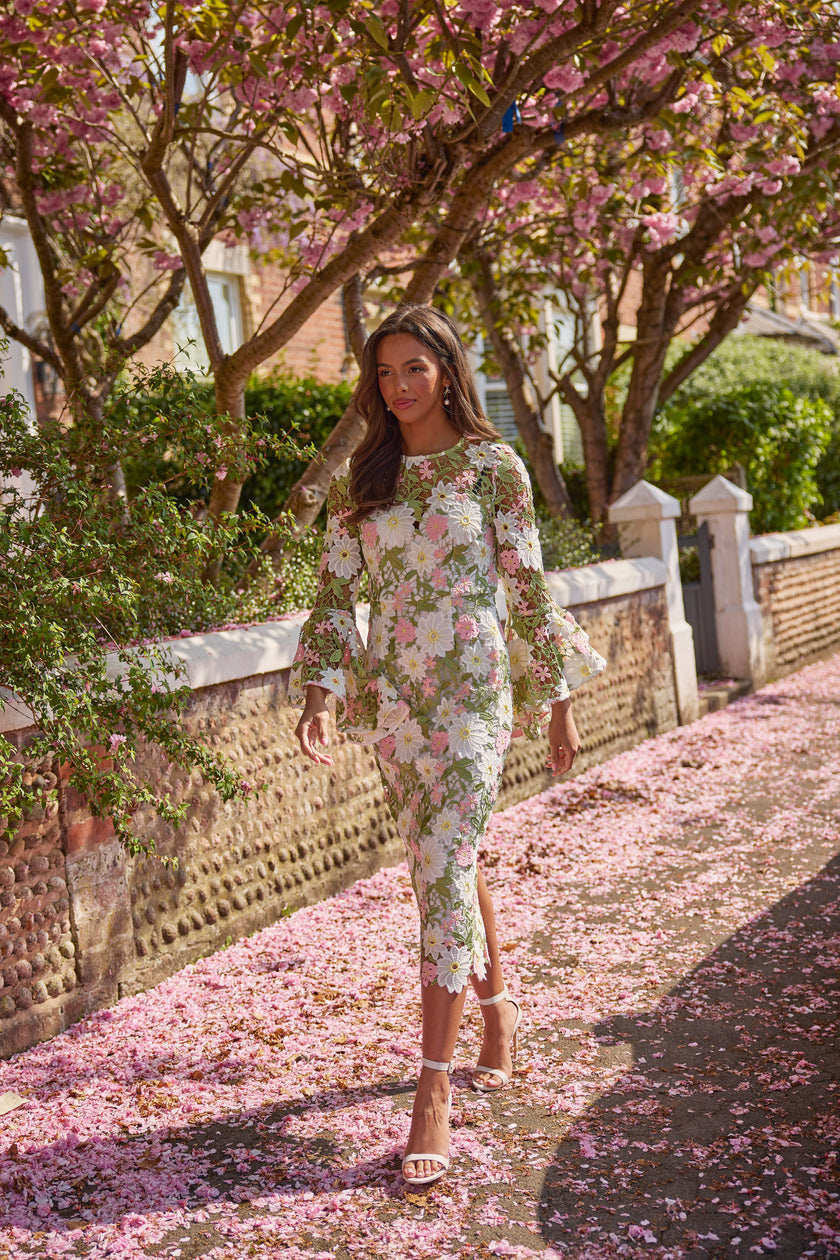 ROSALINE LACE FLUTED SLEEVE MIDI DRESS - PINK