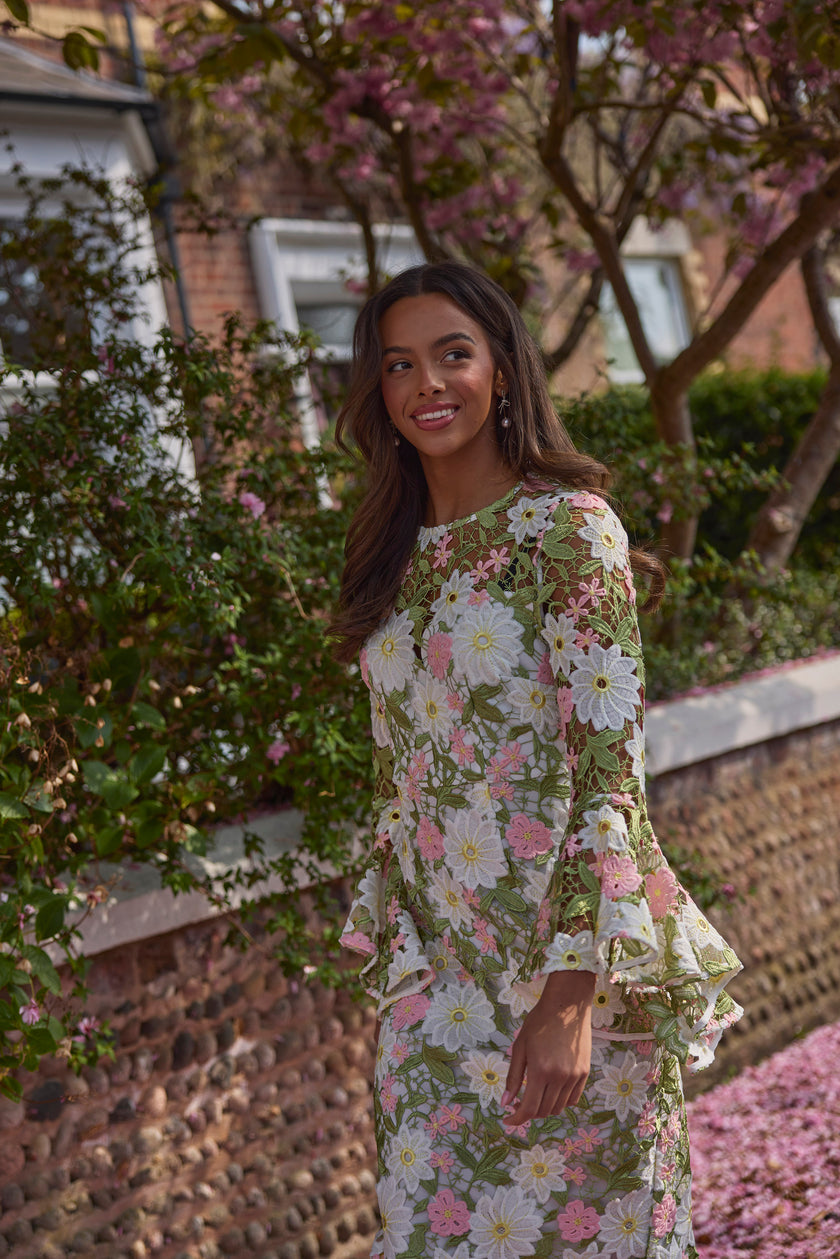 ROSALINE LACE FLUTED SLEEVE MIDI DRESS - PINK