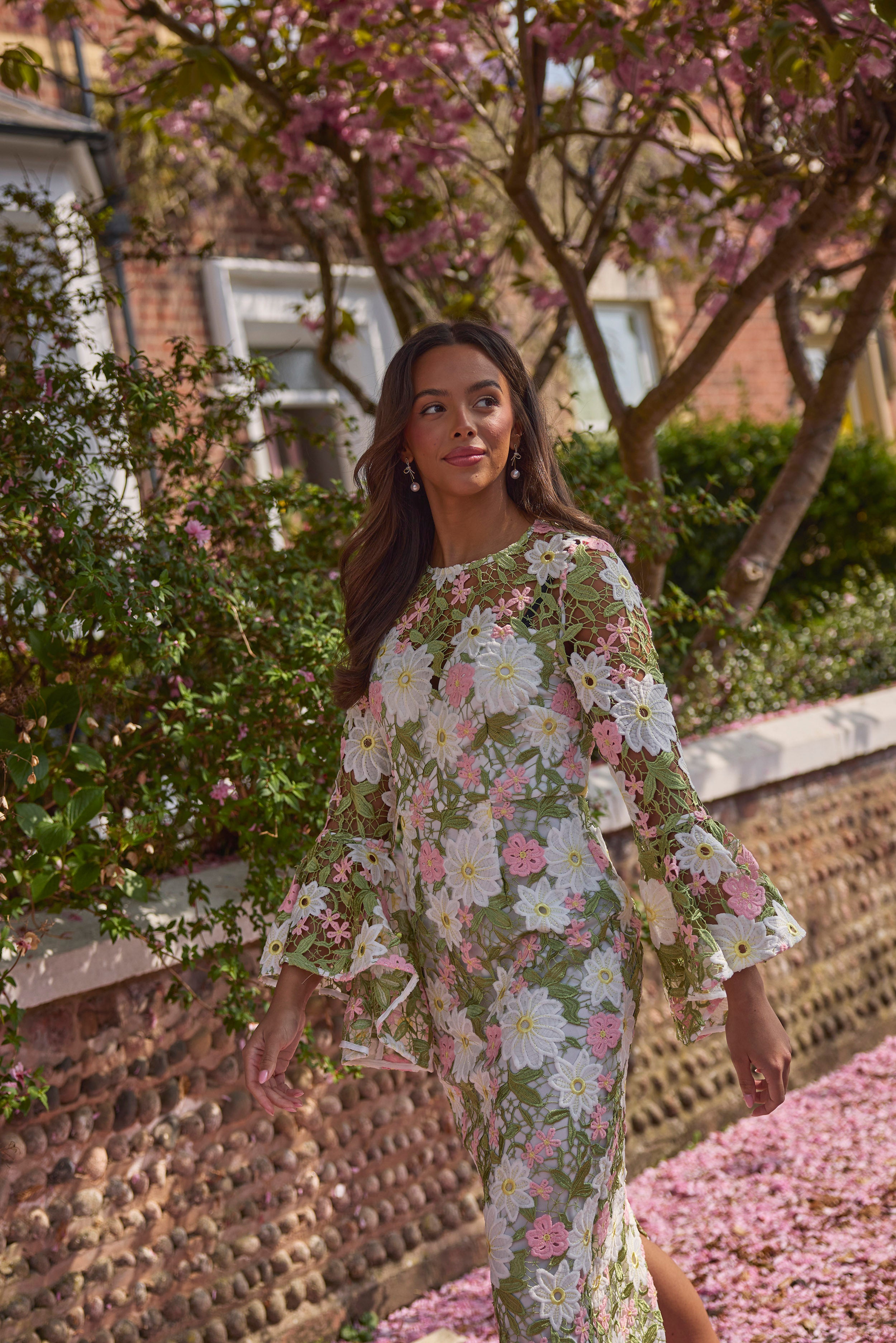 ROSALINE LACE FLUTED SLEEVE MIDI DRESS - PINK