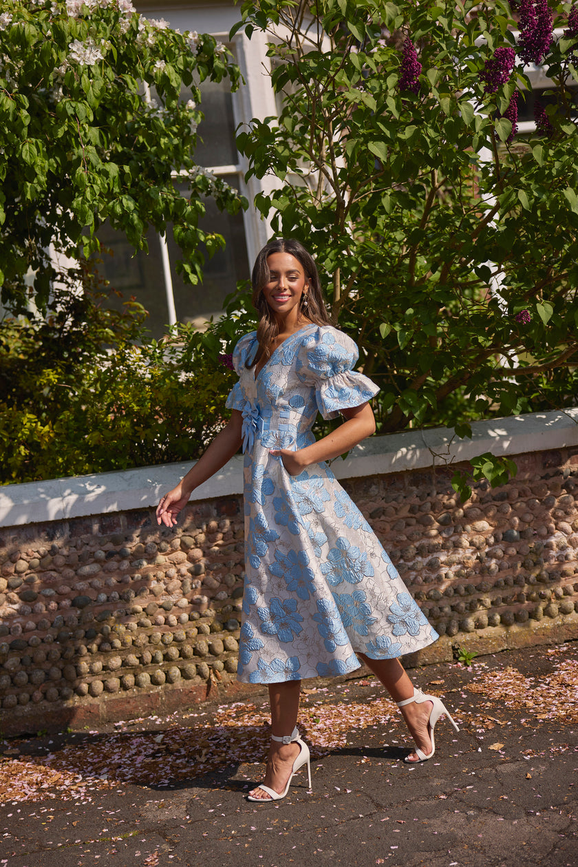 CALLIE METALLIC PUFF SLEEVE MIDI DRESS - PALE BLUE