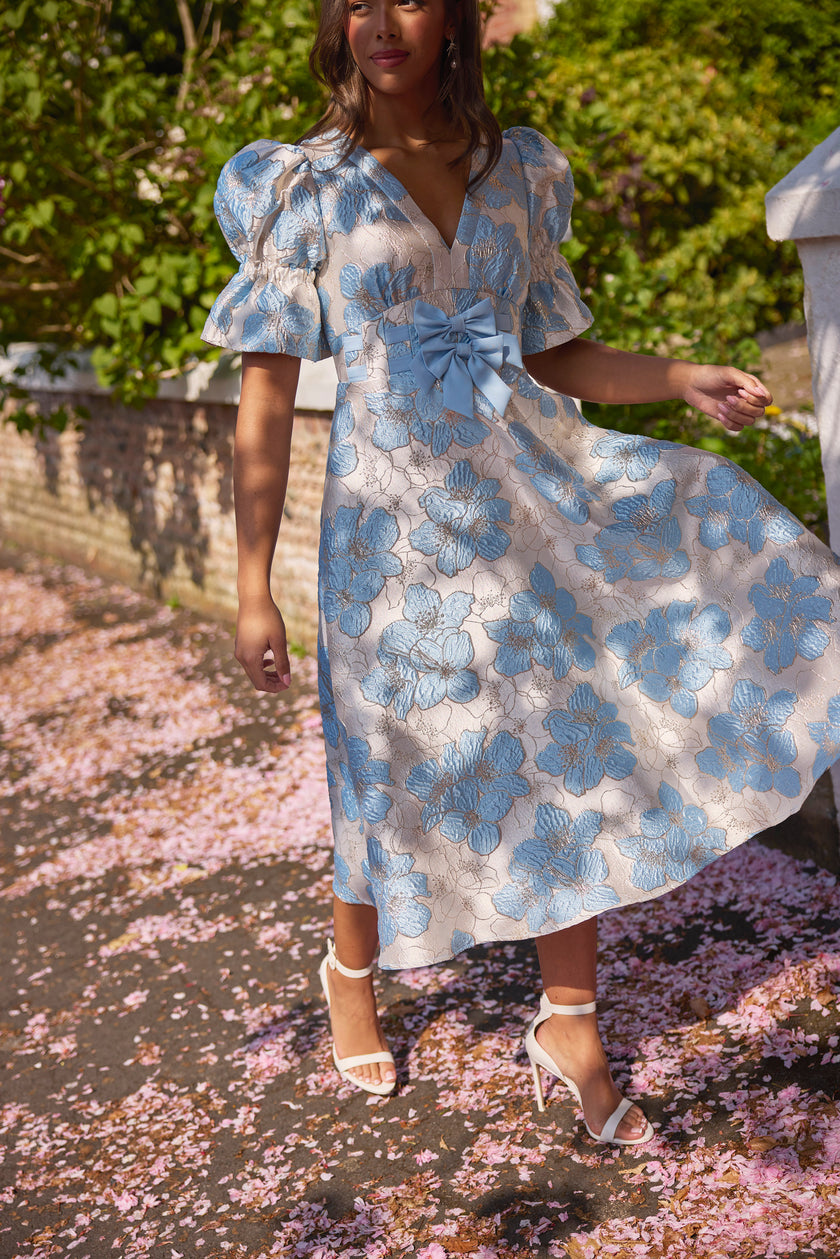 CALLIE METALLIC PUFF SLEEVE MIDI DRESS - PALE BLUE