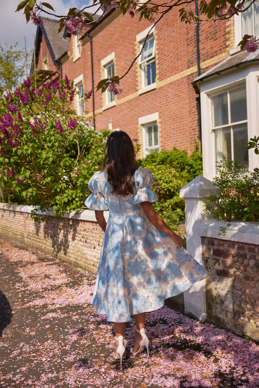 CALLIE METALLIC PUFF SLEEVE MIDI DRESS - PALE BLUE