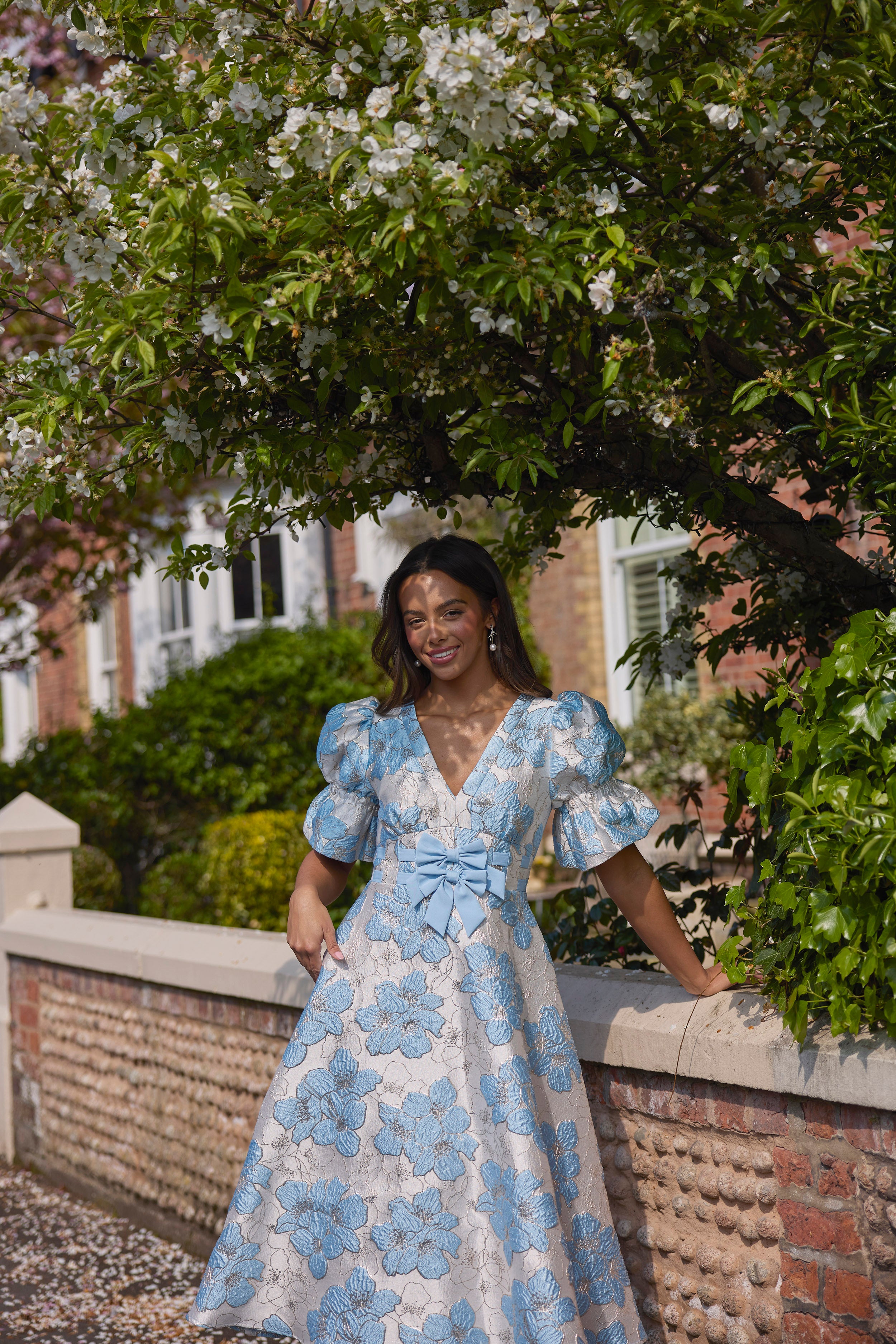 CALLIE METALLIC PUFF SLEEVE MIDI DRESS - PALE BLUE