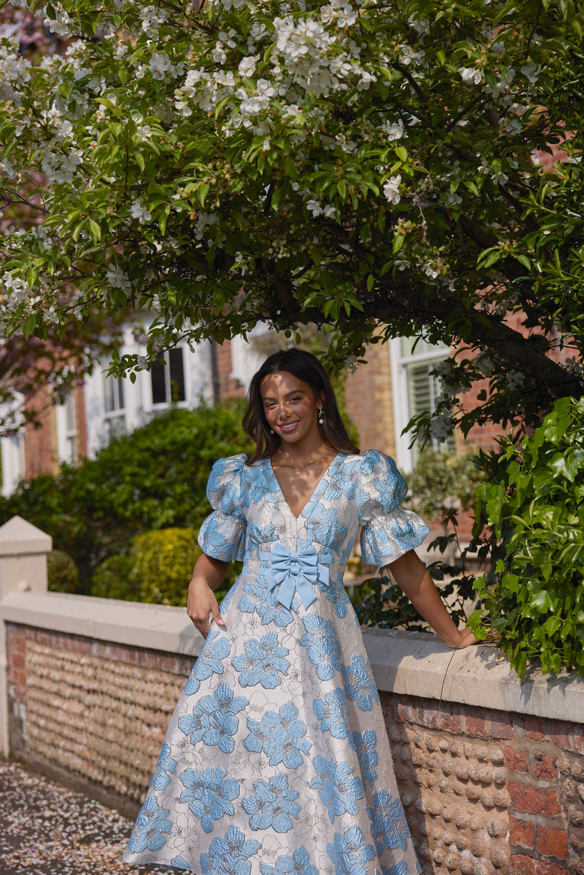 CALLIE METALLIC PUFF SLEEVE MIDI DRESS - PALE BLUE