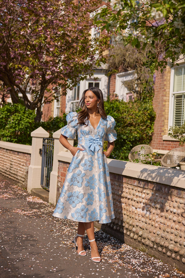 **PRE ORDER** CALLIE METALLIC PUFF SLEEVE MIDI DRESS - PALE BLUE