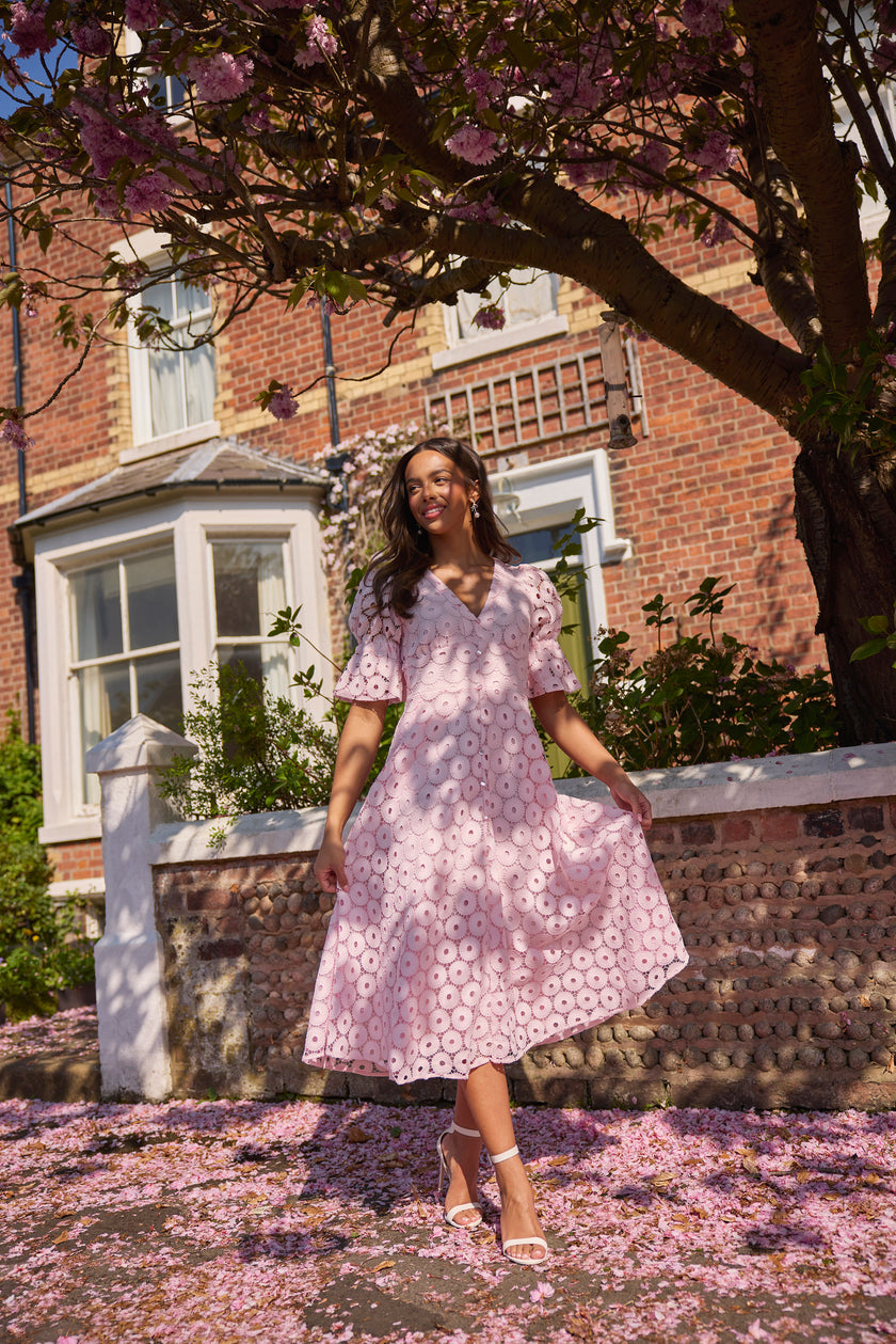 CALLIE LACE PUFF SLEEVE MIDI DRESS WTH BOW BACK - PALE PINK