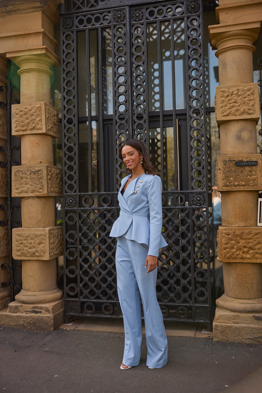 ELIZABETH PEPLUM PEARL TROUSER SUIT - PALE BLUE