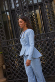 **PRE ORDER** ELIZABETH PEPLUM PEARL TROUSER SUIT - PALE BLUE