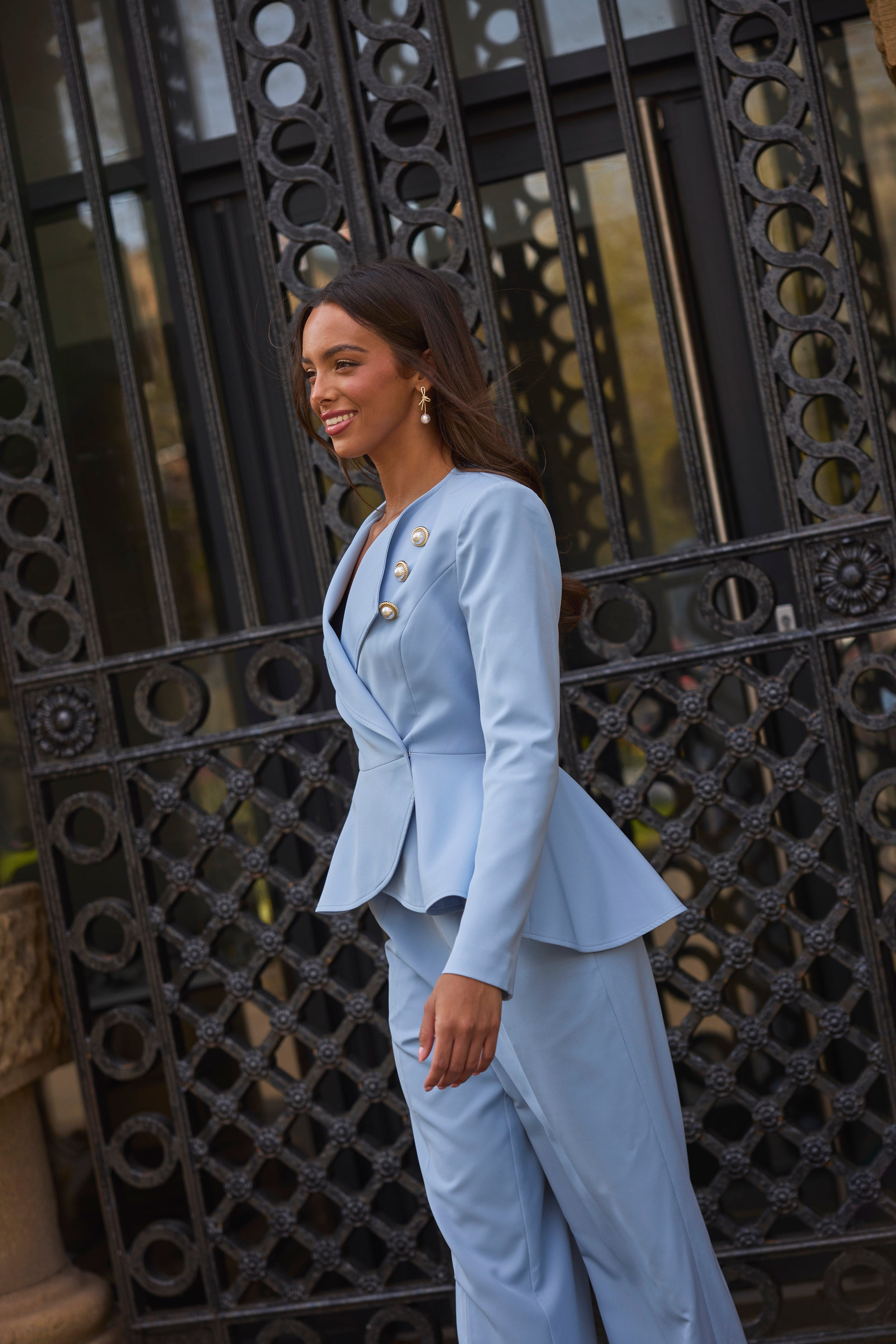 **PRE ORDER** ELIZABETH PEPLUM PEARL TROUSER SUIT - PALE BLUE