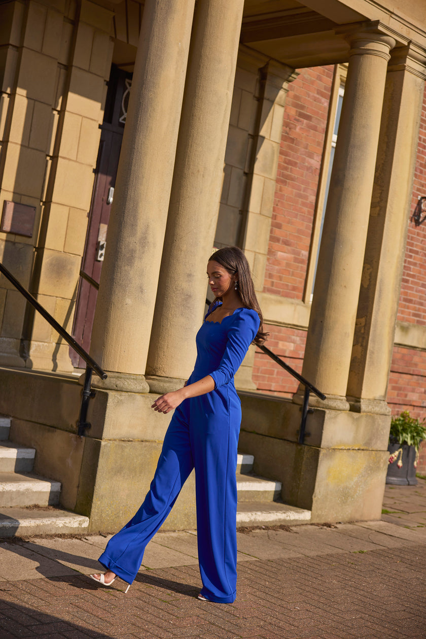 ADELINE SCALLOP EDGE WIDE LEG JUMPSUIT - COBALT BLUE