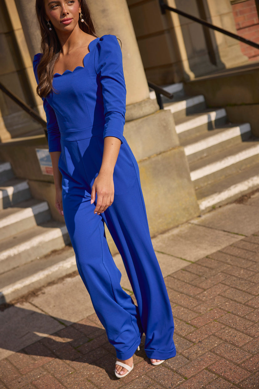 ADELINE SCALLOP EDGE WIDE LEG JUMPSUIT - COBALT BLUE