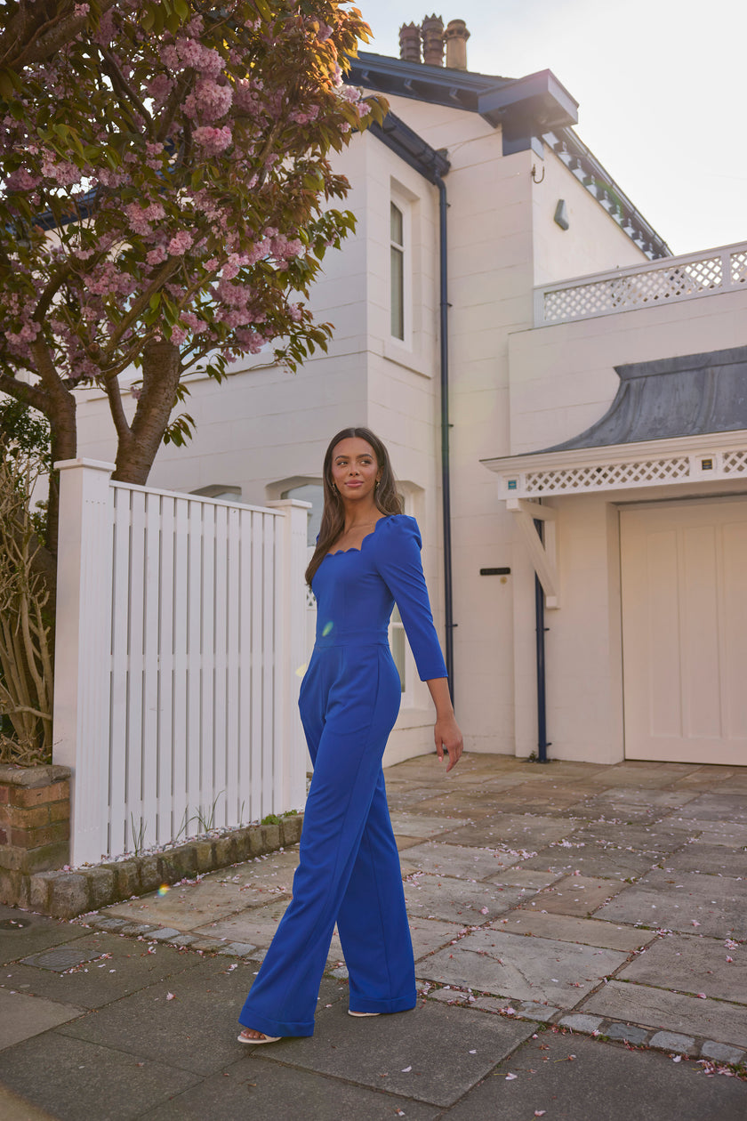 ADELINE SCALLOP EDGE WIDE LEG JUMPSUIT - COBALT BLUE
