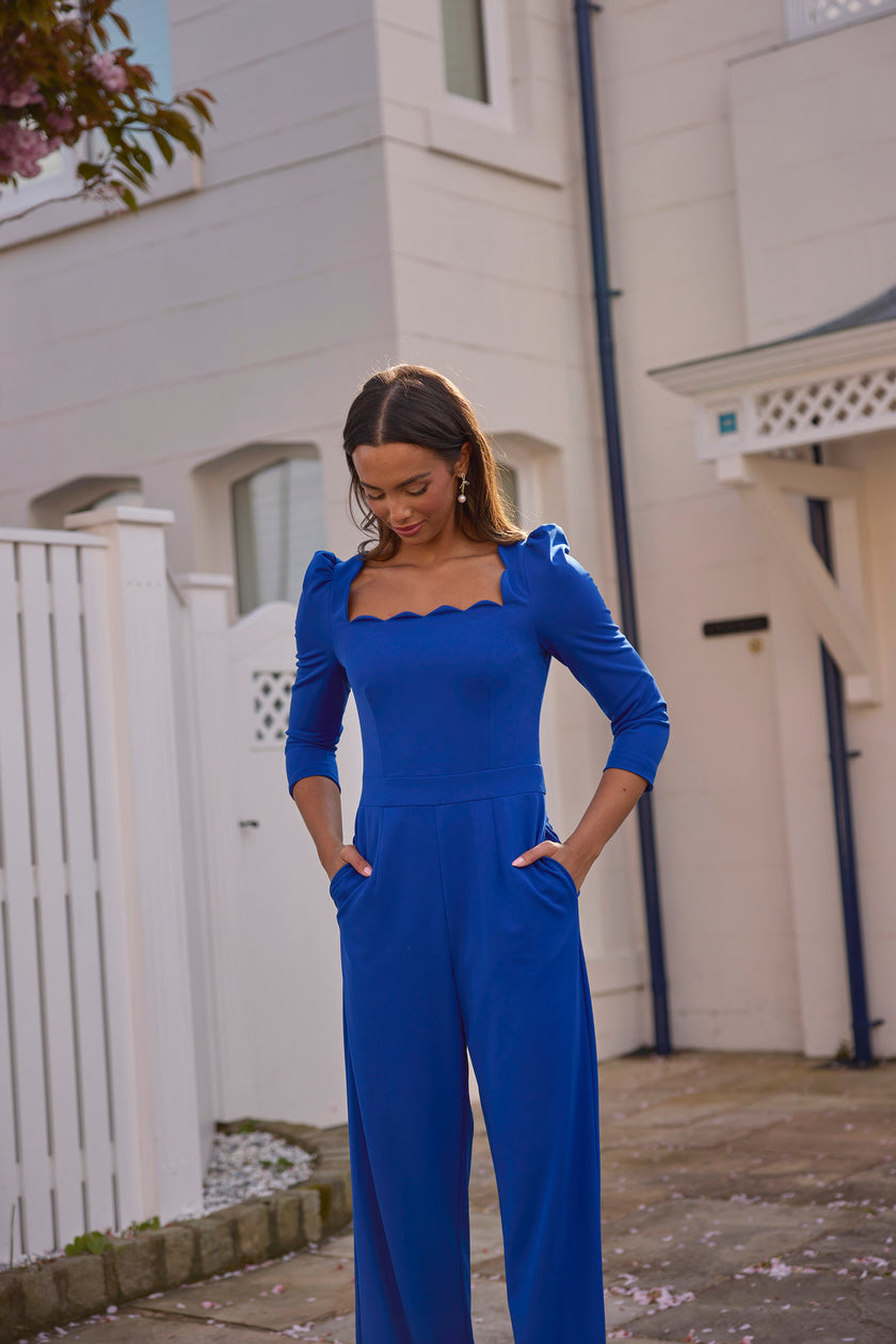 ADELINE SCALLOP EDGE WIDE LEG JUMPSUIT - COBALT BLUE