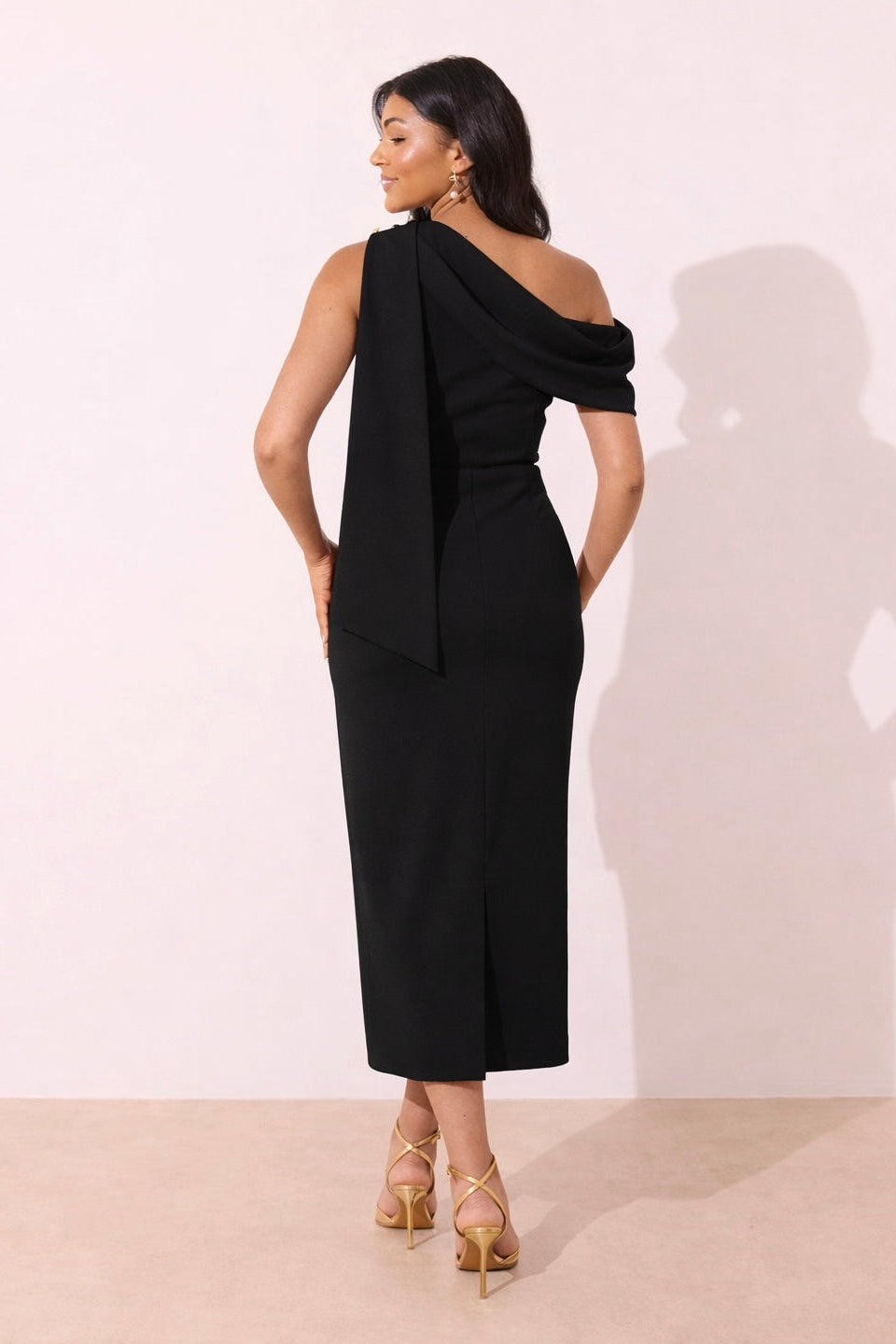 ELENI DRAPE MIDI DRESS - BLACK