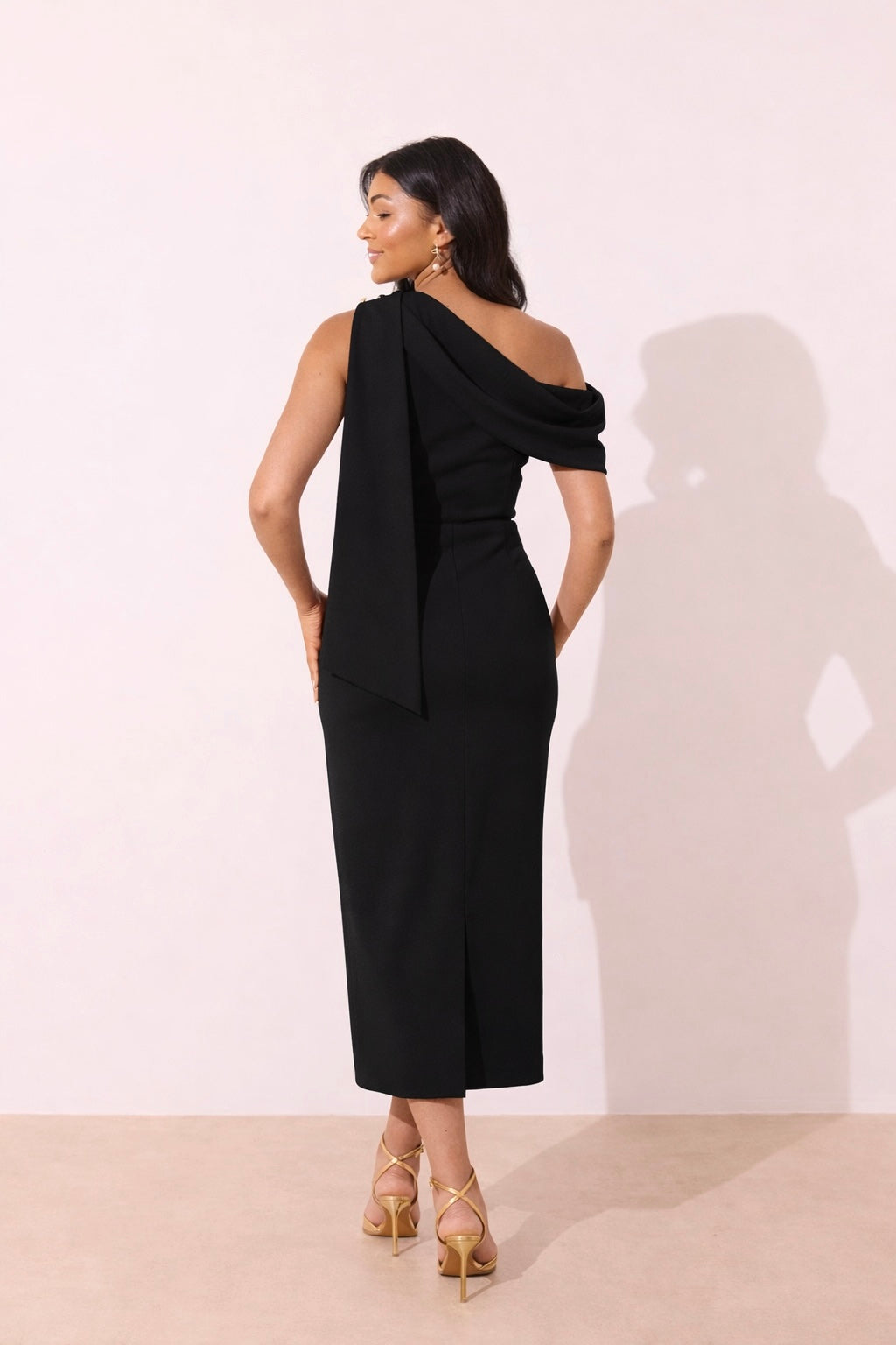 ELENI DRAPE MIDI DRESS - BLACK