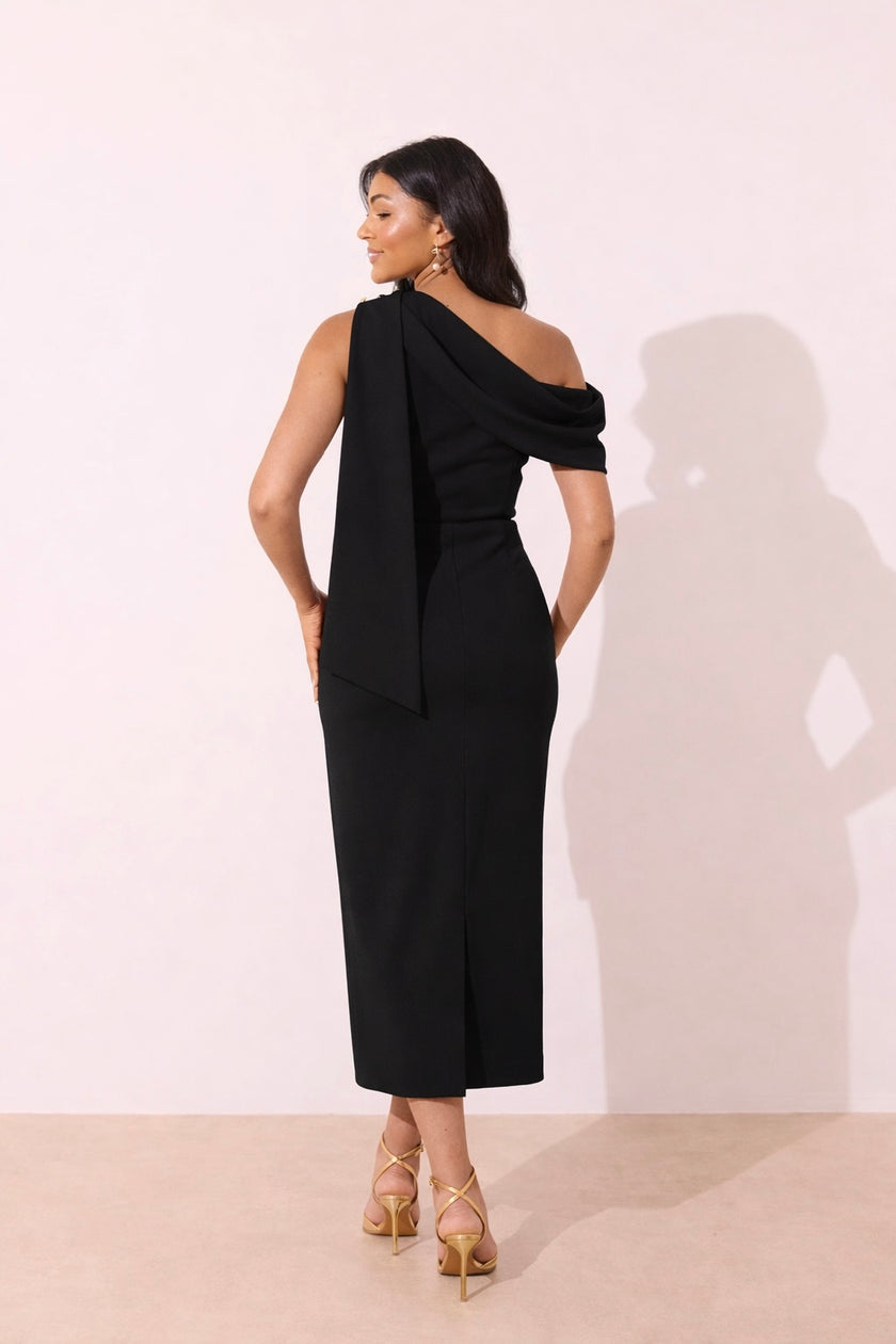 ELENI DRAPE MIDI DRESS - BLACK